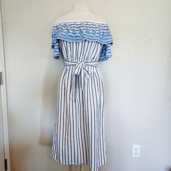 Baby Blue Embroidered Striped Maxi Dress - Picture 2 of 11